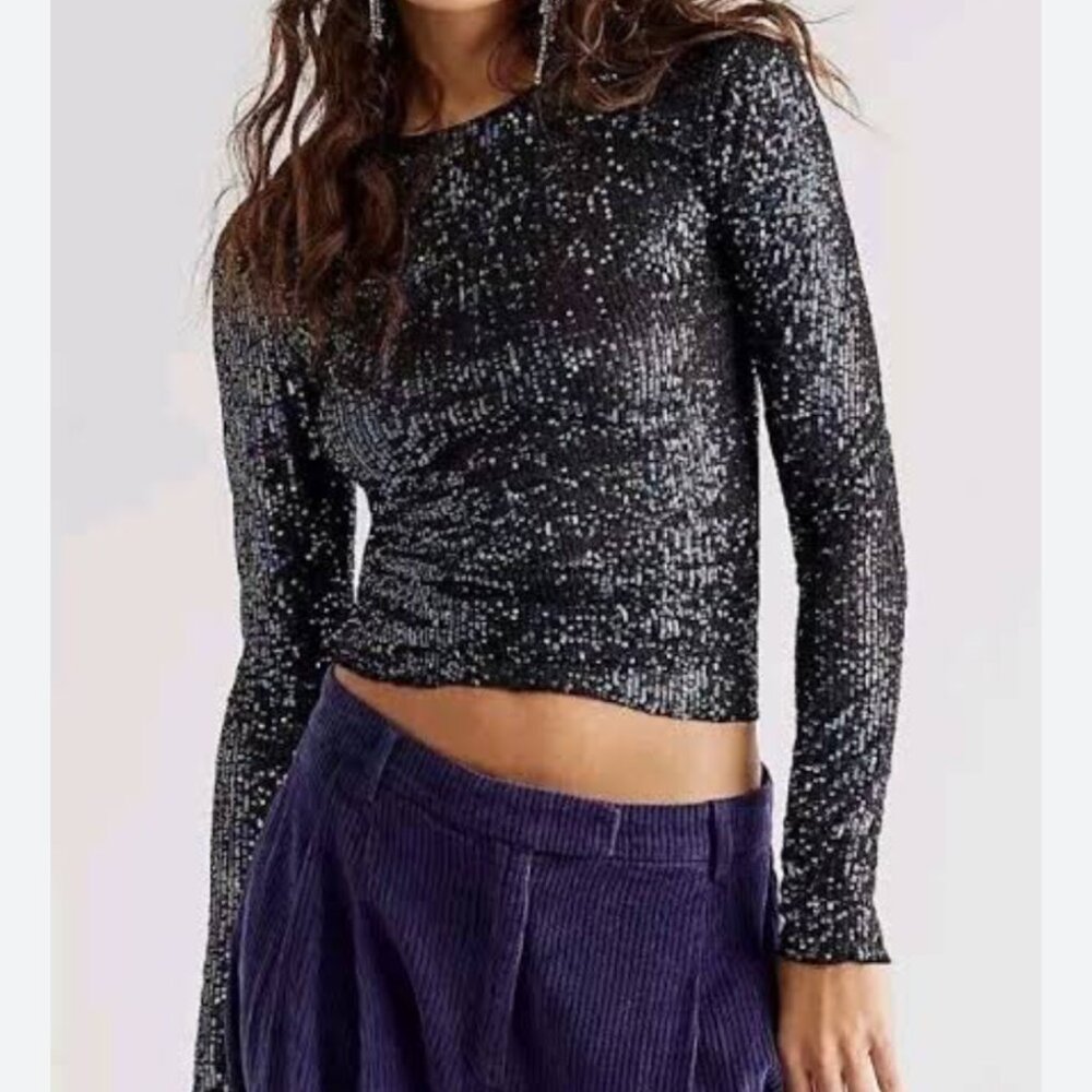Free People Gold Rush Sequins Black Long‎ Sleeve Top Size XS NEW WITH TAG black
